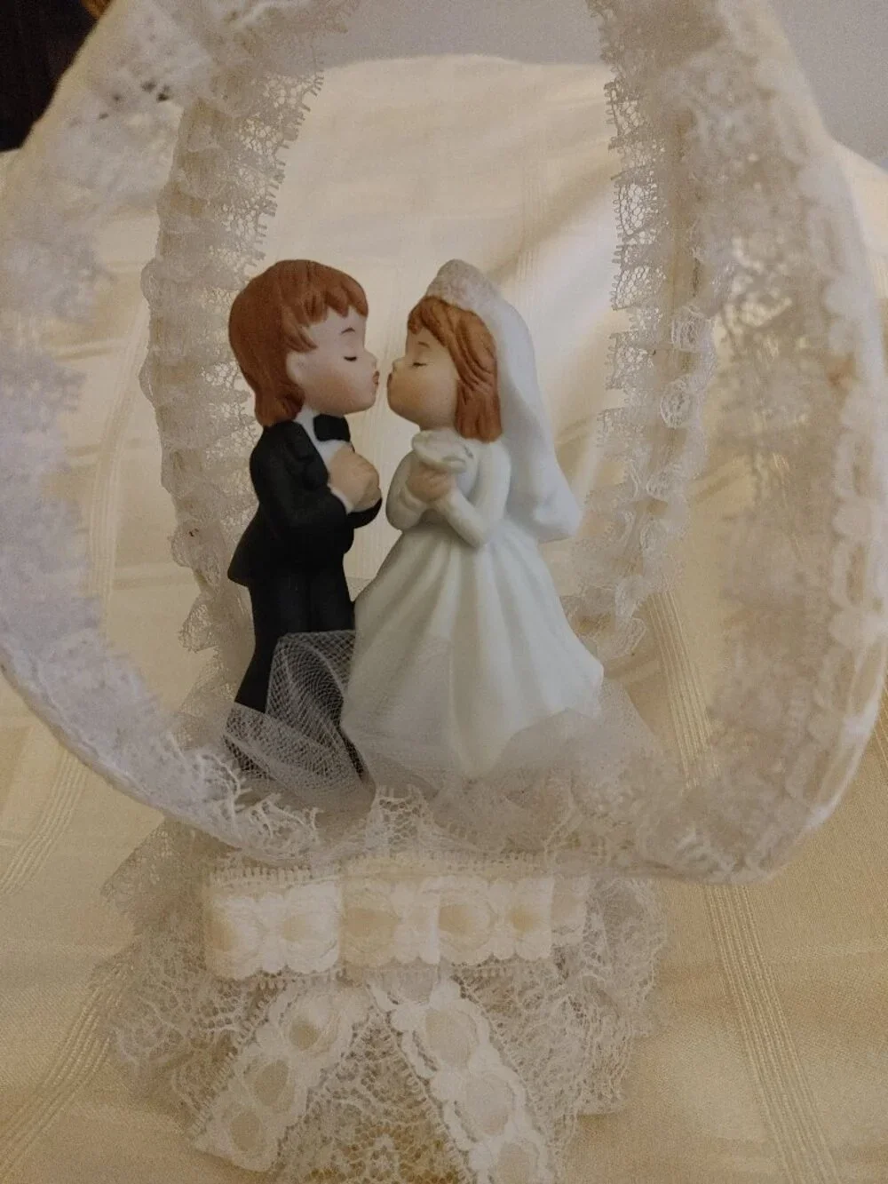 Vintage 1987 Wedding Cake Topper with Porcelain Bride & Groom